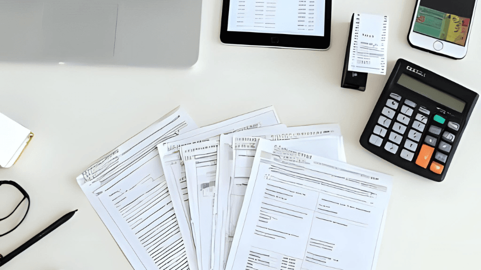 Tax documents and office supplies arranged